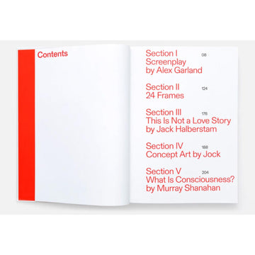 Open book showing a table of contents with red text on white pages.
